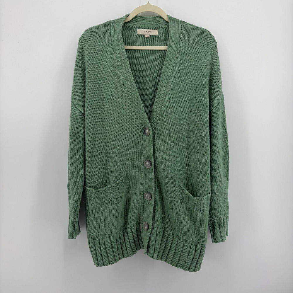 LOFT Womens Large Green Cardigan Shaker Knit V-Neck Button Front Pockets Relaxed